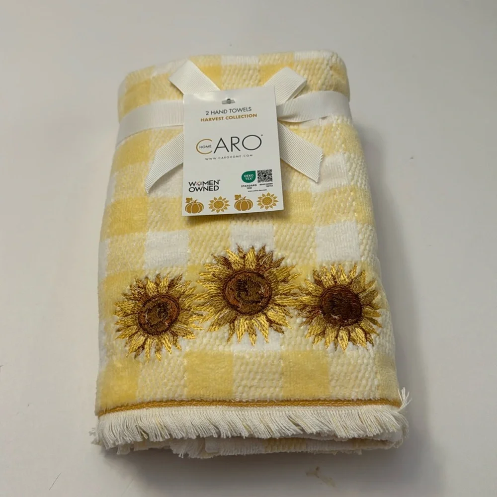 2pc CARO HOME Gingham Sunflower Hand Towel Set With Fringe - Yellow/White